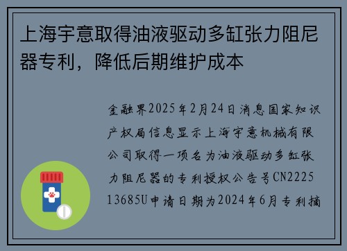 上海宇意取得油液驱动多缸张力阻尼器专利，降低后期维护成本