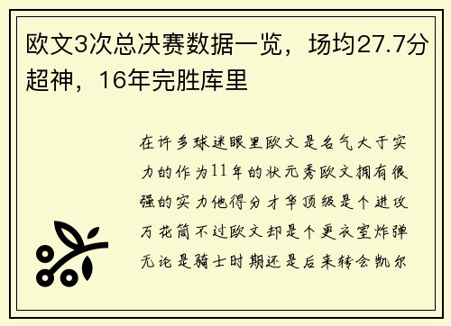 欧文3次总决赛数据一览，场均27.7分超神，16年完胜库里