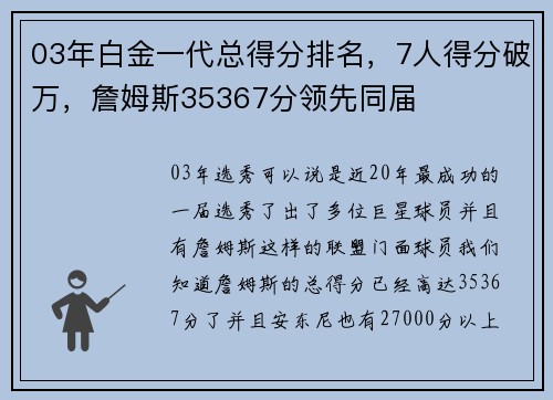 03年白金一代总得分排名，7人得分破万，詹姆斯35367分领先同届
