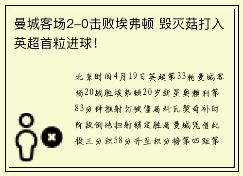 曼城客场2-0击败埃弗顿 毁灭菇打入英超首粒进球！