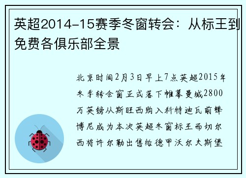 英超2014-15赛季冬窗转会：从标王到免费各俱乐部全景